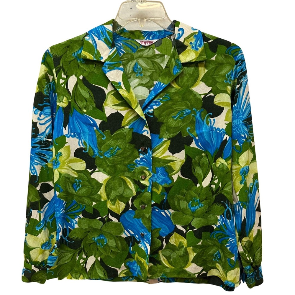 Vintage Pykettes Floral Button Down Shirt Green Blue Psychedelic Mod Blouse L